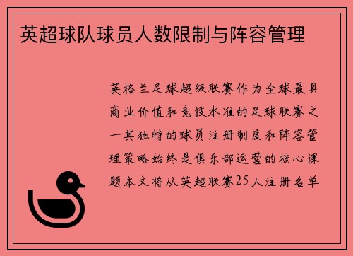 英超球队球员人数限制与阵容管理