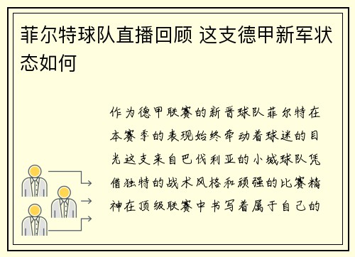 菲尔特球队直播回顾 这支德甲新军状态如何