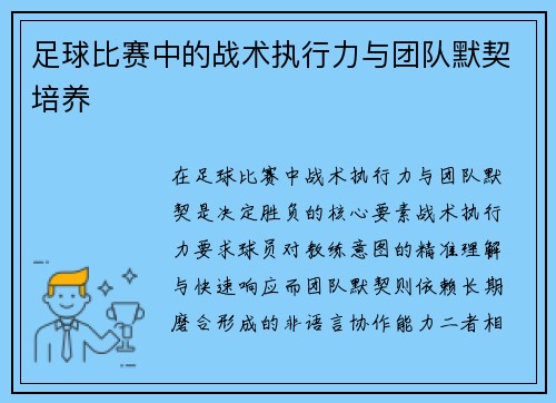 足球比赛中的战术执行力与团队默契培养
